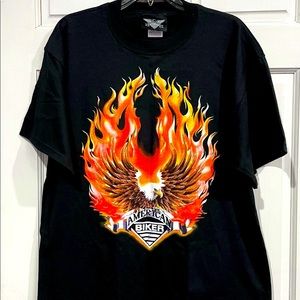 AMERICAN BIKER mens black tshirt with flames size L NWOT